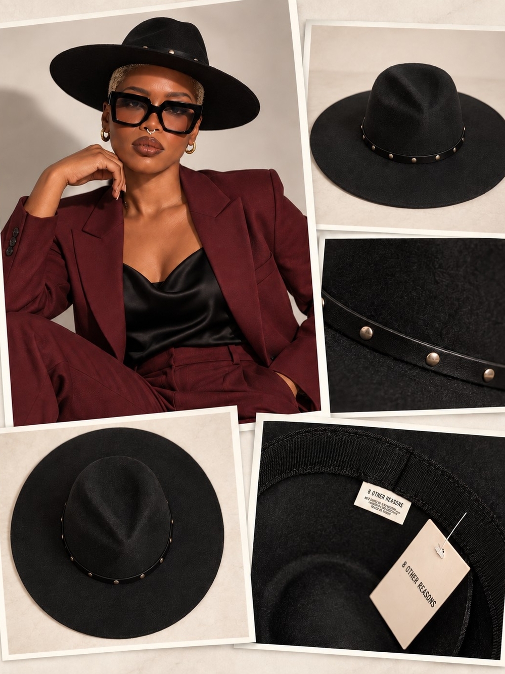 8 Other Reasons Black Wide-Brim Felt Hat with Studded Band